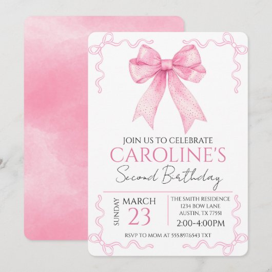 Pink Bow Birthday Watercolor Kaart (Voorkant / Achterkant)