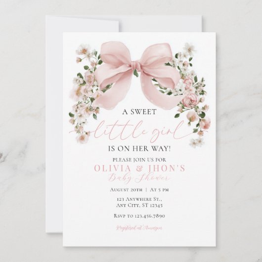 Pink Bow Bloemen Baby shower Uitnodiging Sweet Gir (Voorkant)
