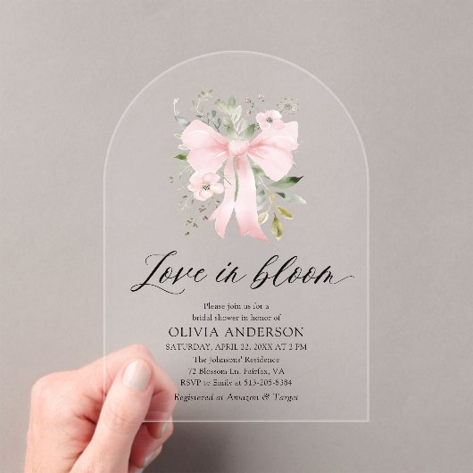 Pink Bow Bloemen Liefde in Bloom Arch Vrijgezellen Acryl Uitnodigingen (Insitu (Draagbaar))