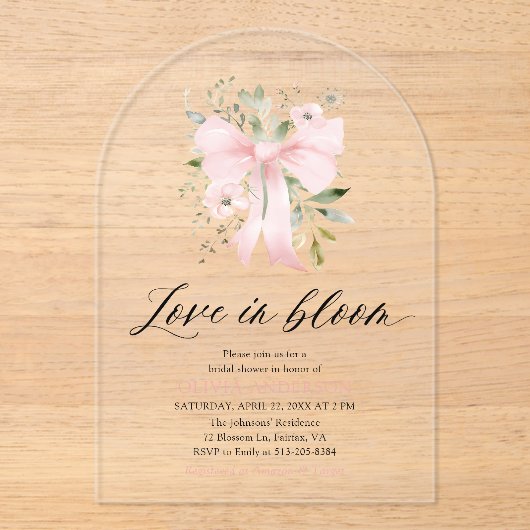 Pink Bow Bloemen Liefde in Bloom Arch Vrijgezellen Acryl Uitnodigingen (Voorkant)