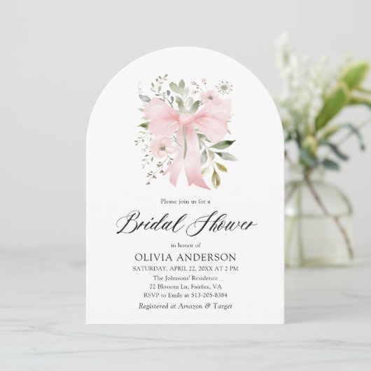 Pink Bow Bloemen Liefde in Bloom Arch Vrijgezellen Kaart (Staand voorkant)