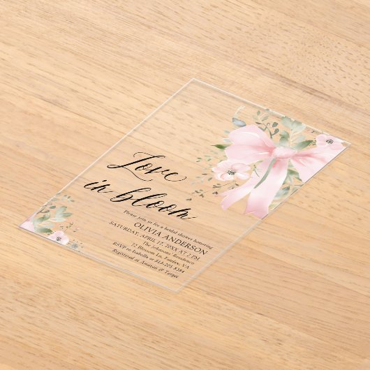 Pink Bow Bloemen Liefde in Bloom Vrijgezellenfeest Acryl Uitnodigingen (Laagn)