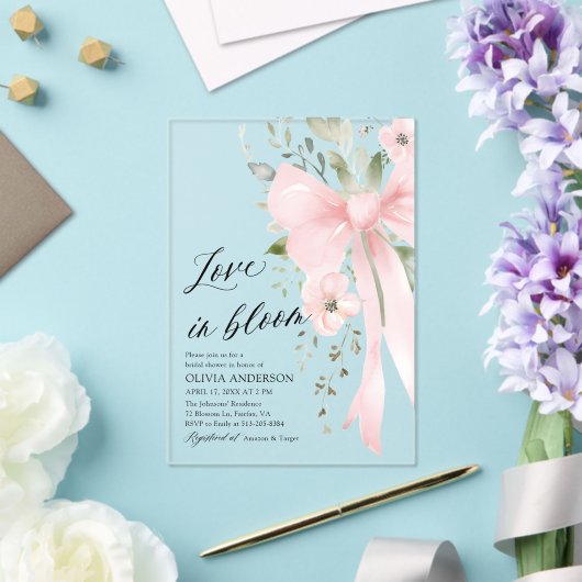 Pink Bow Bloemen Liefde in Bloom Vrijgezellenfeest Acryl Uitnodigingen (Insitu (Huwelijk))