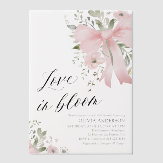 Pink Bow Bloemen Liefde in Bloom Vrijgezellenfeest Vellum Uitnodigingen (Voorkant)