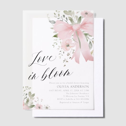 Pink Bow Bloemen Liefde in Bloom Vrijgezellenfeest Vellum Uitnodigingen (Offset)