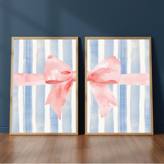 Pink Bow Blue Watercolor Stripes, Girly Aesthetic Muurkunst Sets
