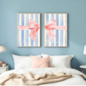 Pink Bow Blue Watercolor Stripes, Girly Aesthetic Muurkunst Sets