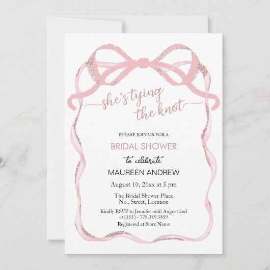 Pink Bow Blush Glitter Ze bindt de knoop bruids Kaart (Voorkant)