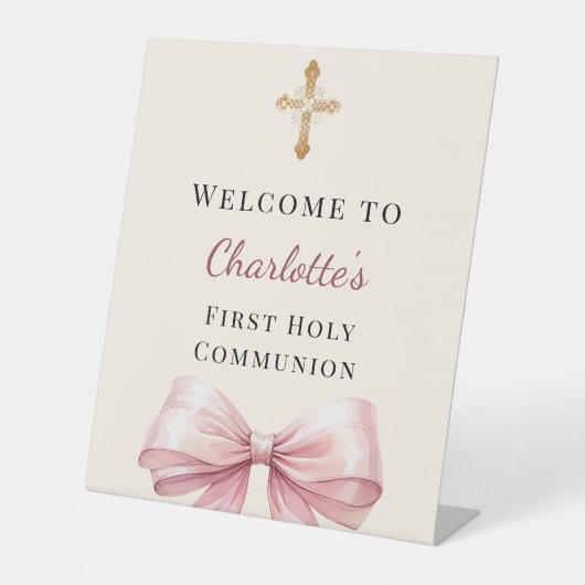 Pink bow blush ivory First Holy Communion welcome Reclamebord Met Voetstuk (Voorkant)