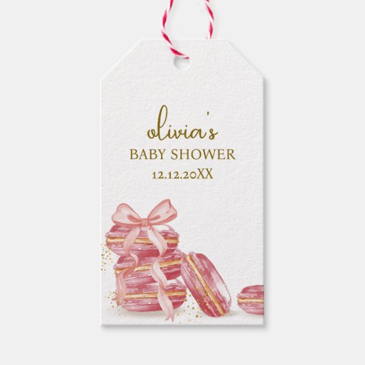Pink Bow Bonjour Bébé French Macarons Baby shower Cadeaulabel (Voorkant)