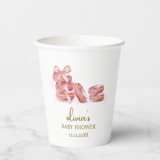Pink Bow Bonjour Bébé French Macarons Baby shower Papieren Bekers (Voorkant)
