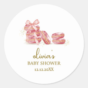 Pink Bow Bonjour Bébé French Macarons Baby shower Ronde Sticker