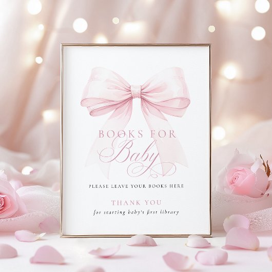 Pink Bow Books for Baby Shower Sign Poster