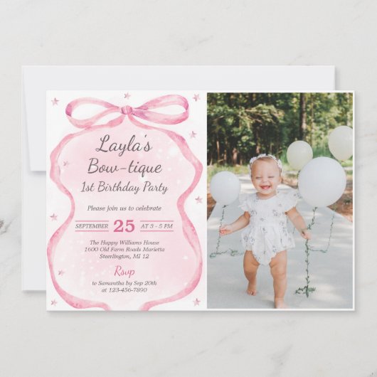 Pink Bow Boutique 1st Birthday Party Foto Kaart (Voorkant)