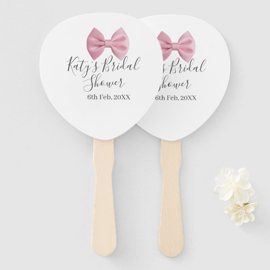 Pink bow bridal shower name date pastel stylish te handwaaier (Voorkant en achterkant)