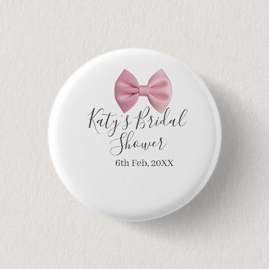 Pink bow bridal shower name date pastel stylish te ronde button 3,2 cm (Voorkant)