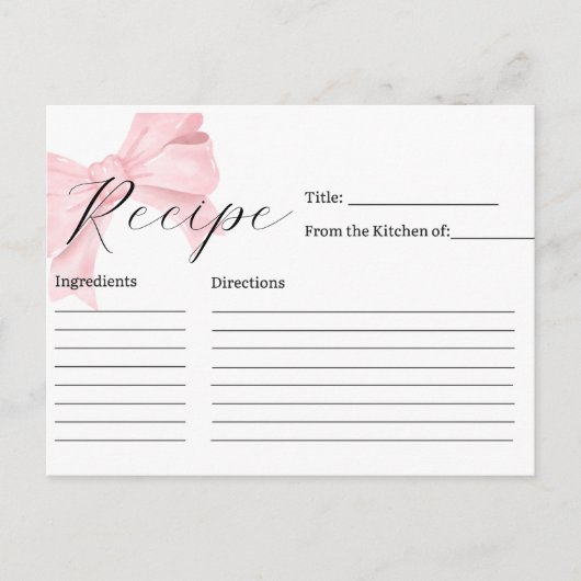 Pink Bow Bridal Shower Recipe Card Briefkaart (Voorkant)