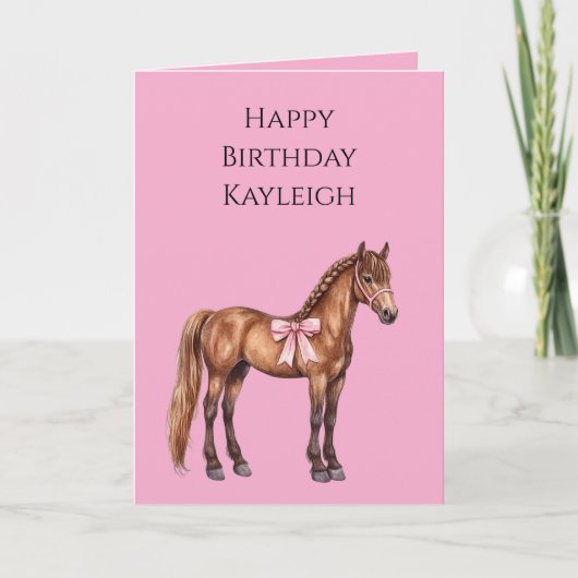 Pink Bow Brown Horse with Braid Birthday Kaart (Voorkant)