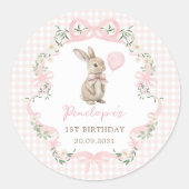 Pink Bow Bunny Balloon Girl Birthday Party Ronde Sticker (Voorkant)