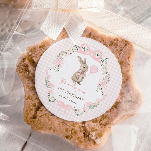 Pink Bow Bunny Balloon Girl Birthday Party Ronde Sticker