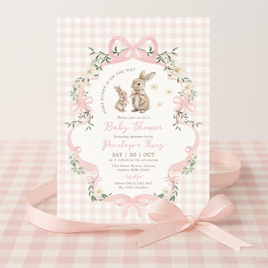 Pink Bow Bunny Gingham Floral Girl Baby Shower Kaart