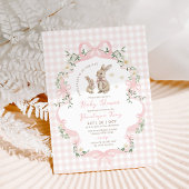 Pink Bow Bunny Gingham Floral Girl Baby Shower Kaart