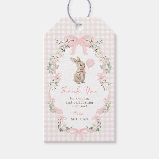 Pink Bow Bunny Rabbit Balloon Birthday Thank You Cadeaulabel (Voorkant)