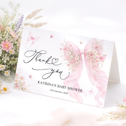 Pink Bow Butterfly Baby Shower Thank You Card Bedankkaart