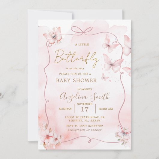 Pink Bow Butterfly Baby shower Uitnodiging (Voorkant)