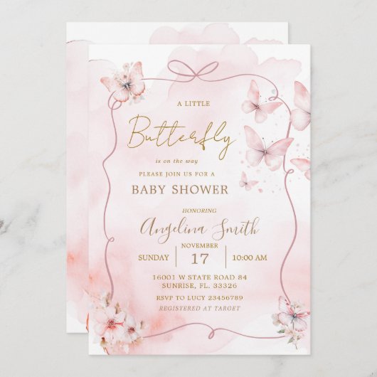 Pink Bow Butterfly Baby shower Uitnodiging (Voorkant / Achterkant)
