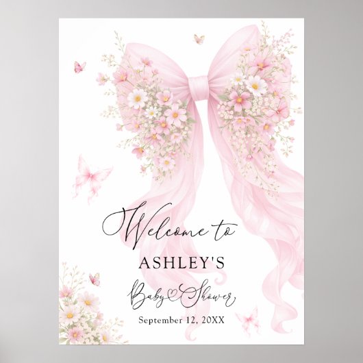Pink Bow Butterfly Baby Shower Welcome Poster (Voorkant)