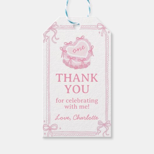 Pink Bow Cake Verjaardagsfeest Dank u Cadeaulabel (Voorkant)