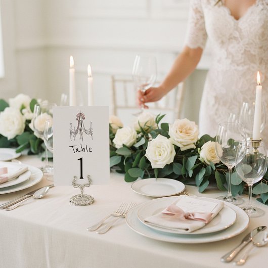 Pink Bow Chandelier Sketch Table Number Kaart