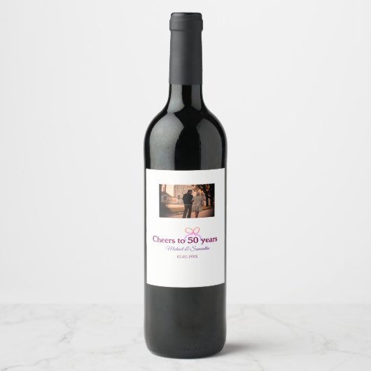 Pink bow cheers to 50 years anniversary wedding  wijn etiket (Voorkant)