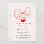 Pink Bow Cherry Baby shower Invitation Sjabloon Kaart (Voorkant / Achterkant)