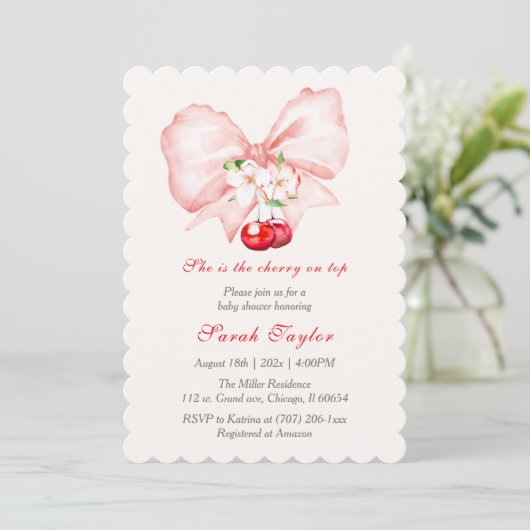 Pink Bow Cherry Baby shower Invitation Sjabloon Kaart (Staand voorkant)