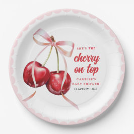 Pink Bow Cherry Baby Shower Paper Plate Papieren Bordje