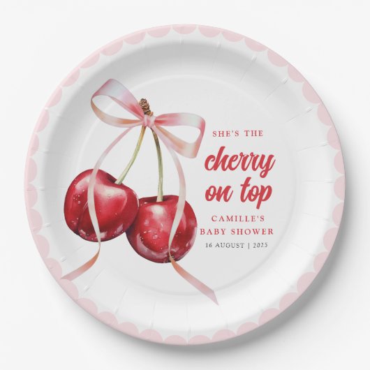 Pink Bow Cherry Baby Shower Paper Plate Papieren Bordje (Voorkant)
