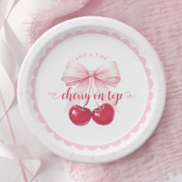 Pink Bow Cherry Baby Shower Paper Plates Papieren Bordje