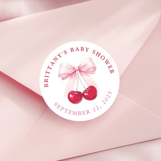 Pink Bow Cherry Baby Shower Round Stickers