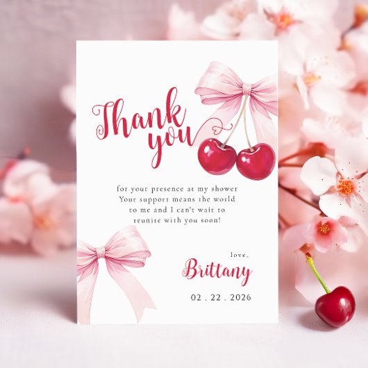 Pink Bow Cherry Baby Shower Thank You Card Bedankkaart