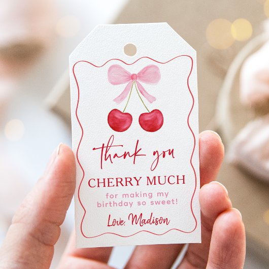 Pink Bow Cherry Birthday Thank You Cadeaulabel