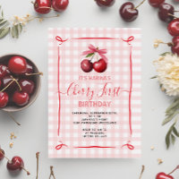 Pink Bow Cherry eerste verjaardagsfeestje uitnodig