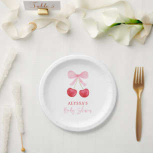 Pink Bow Cherry Girl Baby shower Papieren Bordje