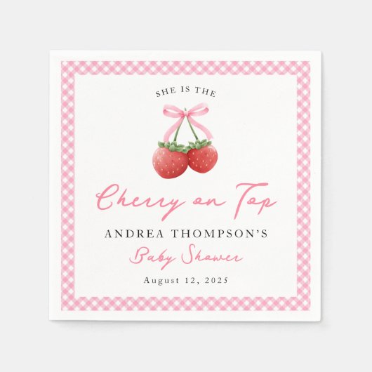 Pink Bow Cherry op Top Gingham Baby shower Servet (Voorkant)