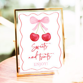 Pink Bow Cherry Sweet Treats Baby shower Sign Poster