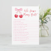 Pink Bow Cherry Wie Weet Mama Beste Douche Spel Kaart (Staand voorkant)
