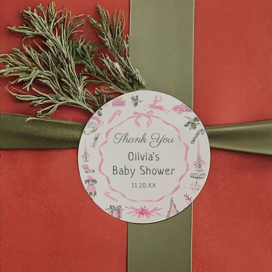 Pink Bow Christmas Baby Shower Sticker
