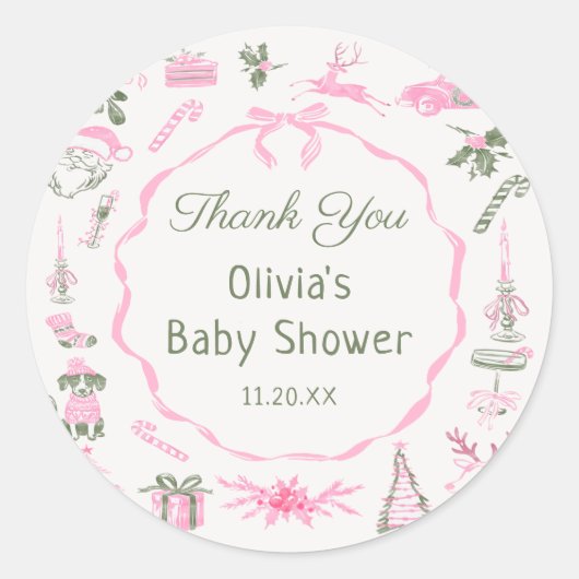 Pink Bow Christmas Baby Shower Sticker (Voorkant)