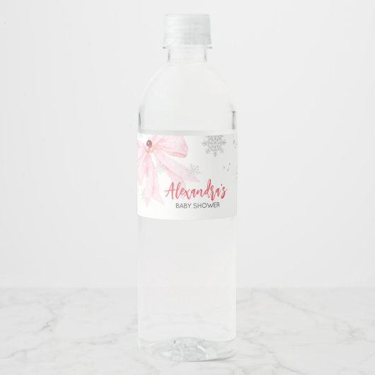 Pink Bow Christmas Baby Shower Waterfles Etiket (Voorkant)